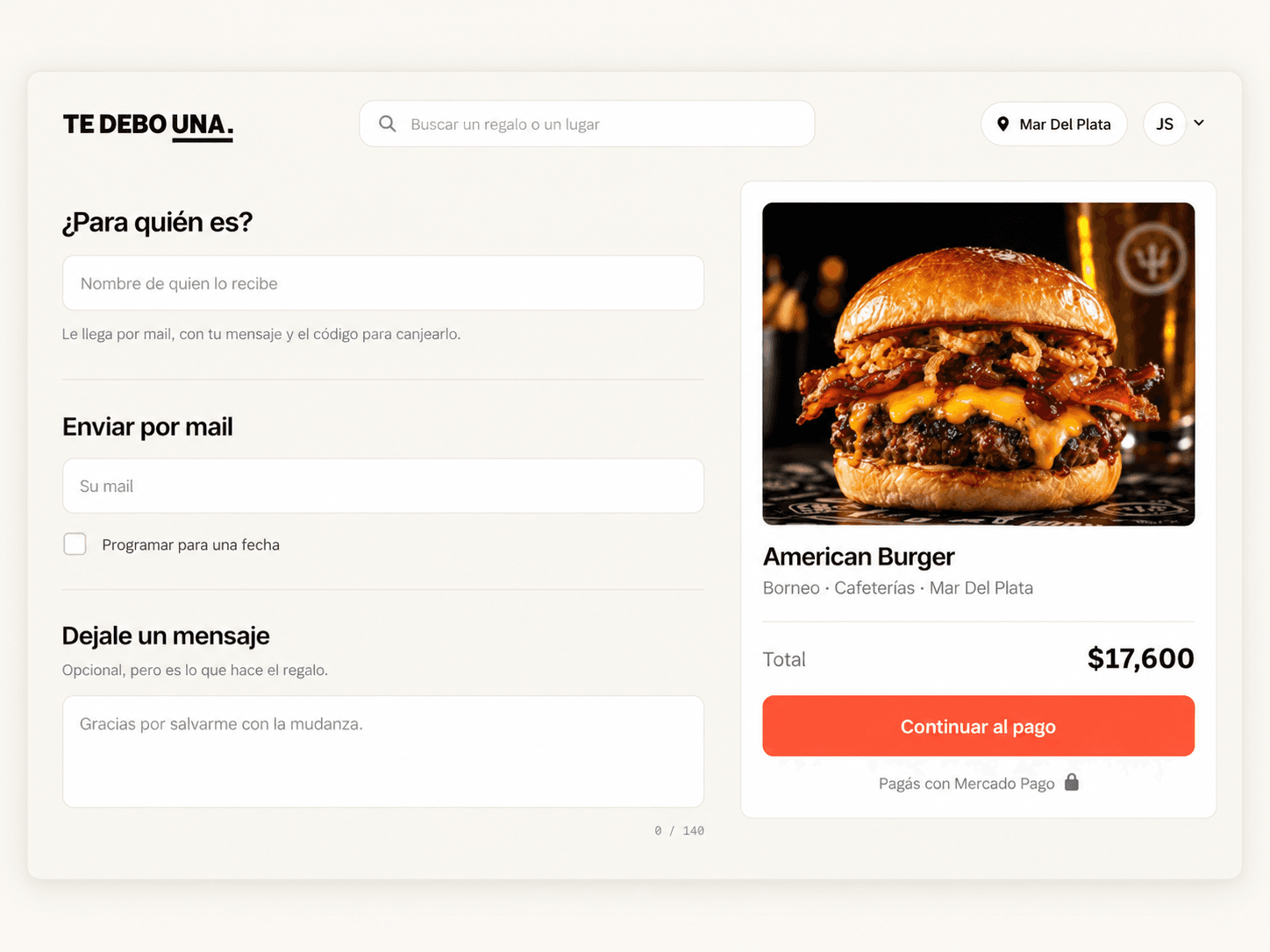 Checkout de Te Debo Una: a quién va el regalo, el mensaje y el pago por Mercado Pago.
