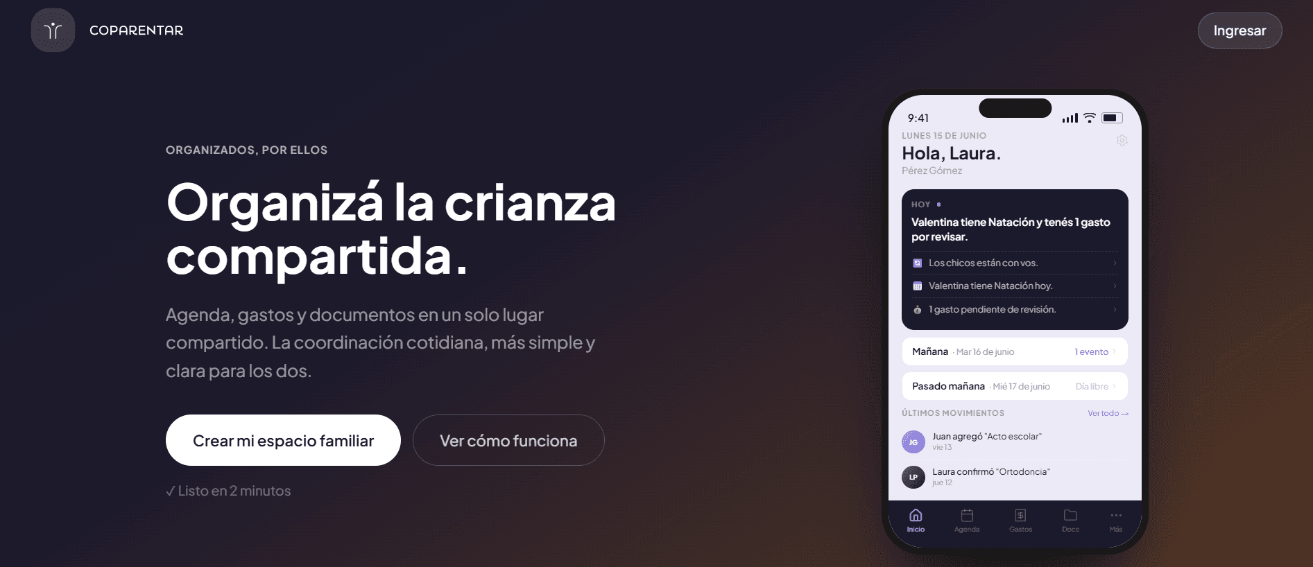 Pantalla de Coparentar: app de crianza compartida con agenda, gastos y movimientos.