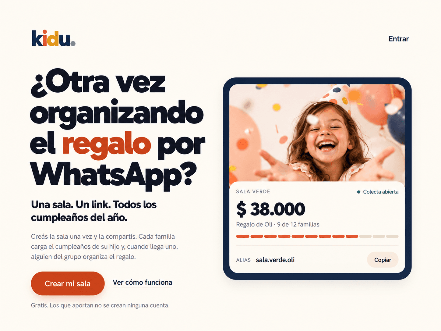 Landing de KIDU: una sala con la colecta abierta para el regalo de un cumpleaños.