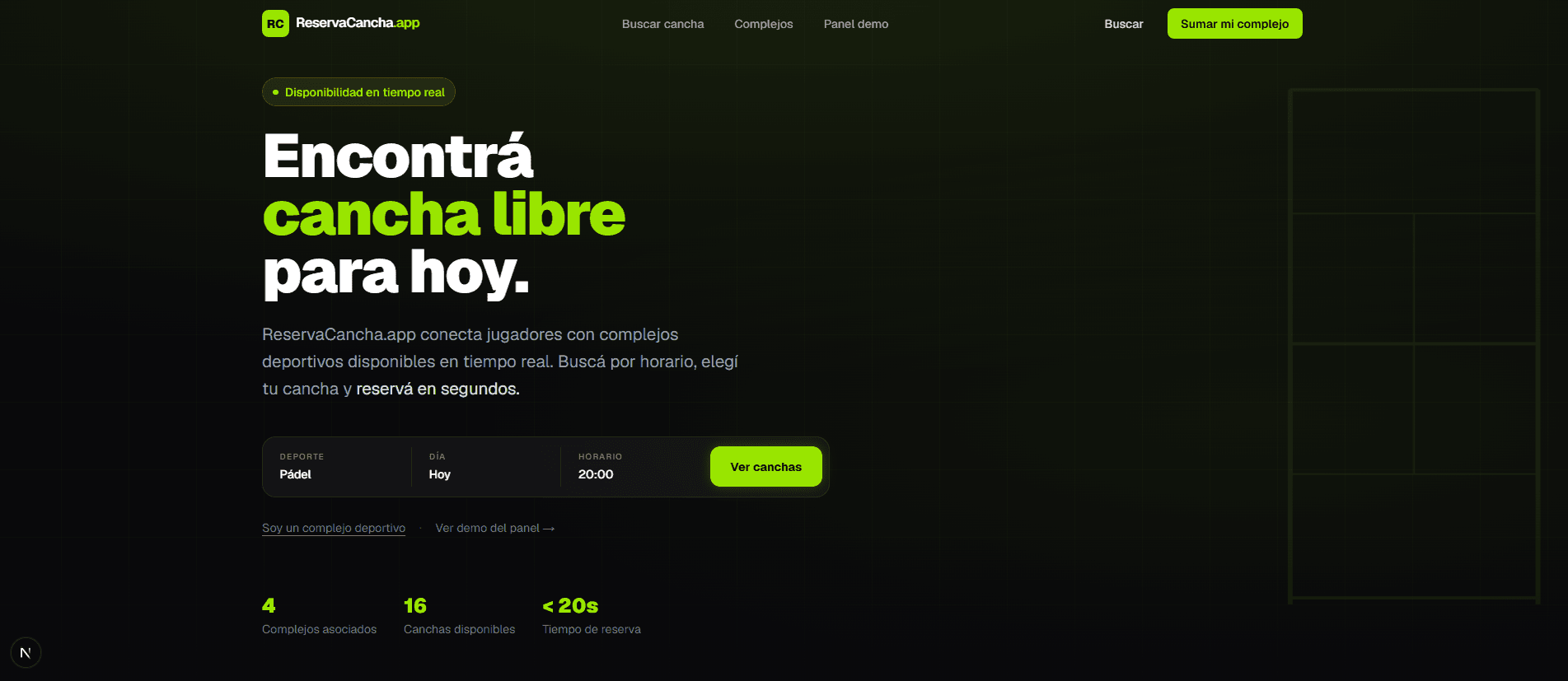 Landing de ReservaCancha.app: búsqueda de canchas deportivas en tiempo real.
