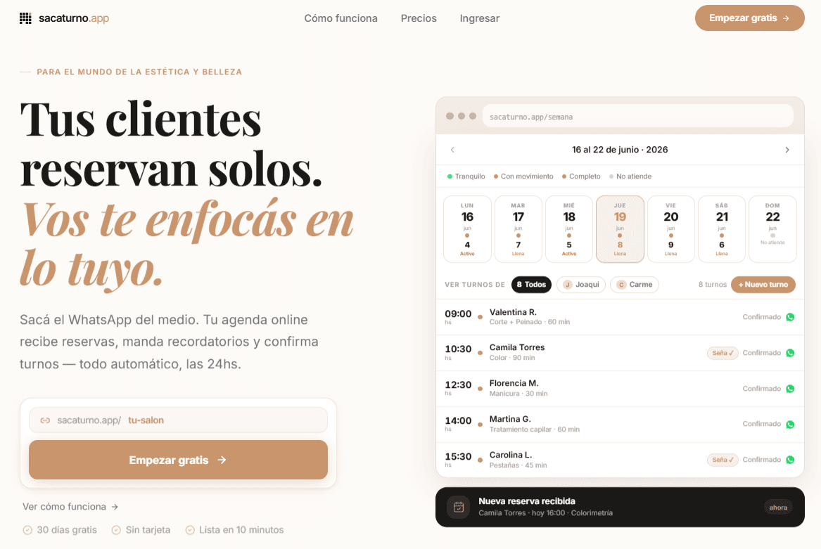 Pantalla de sacaturno.app: agenda semanal de turnos para un salón de estética.